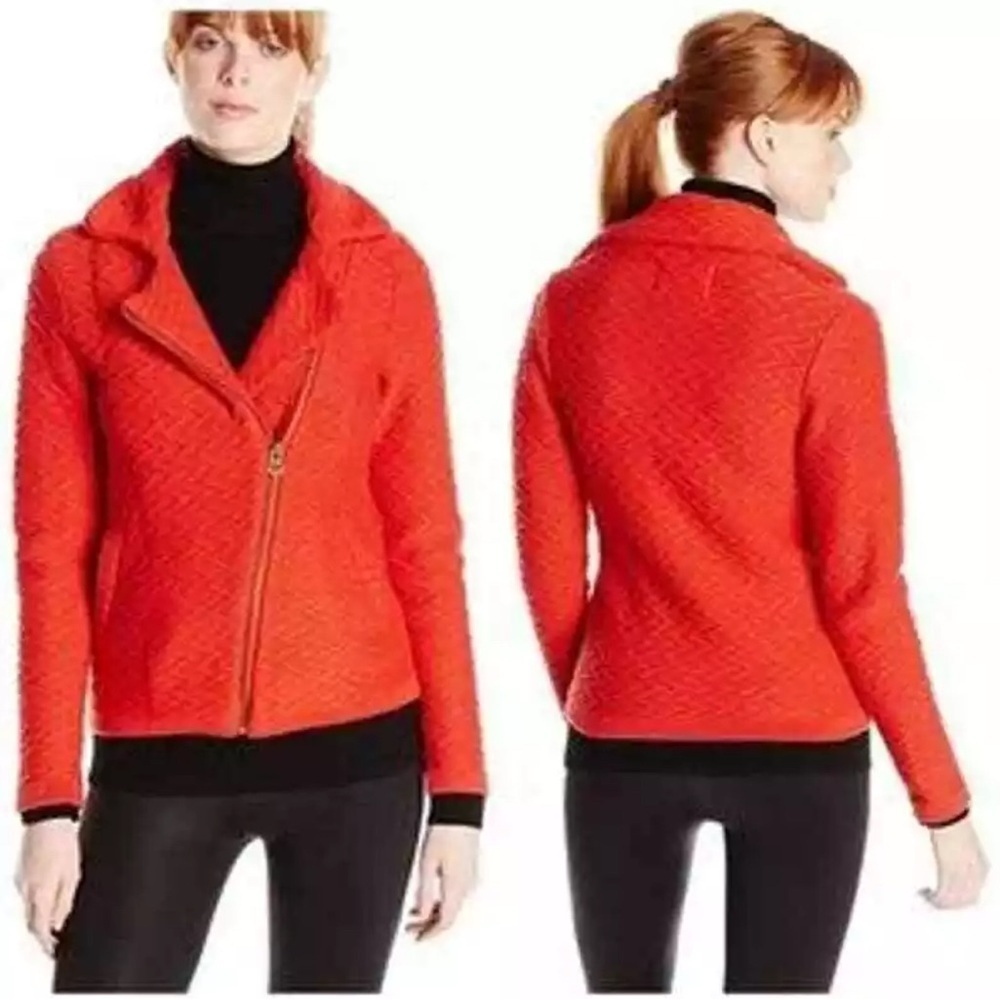 Women’s lucky brown, textured chunky orange zip up Moto sweater size medium - Picture 1 of 5